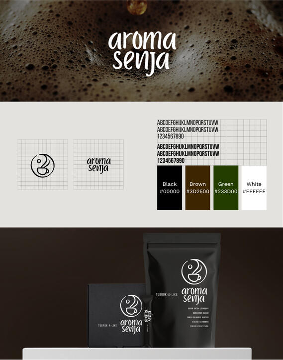Brand identity system showing logo construction grid, typography and colour palette applied to packaging